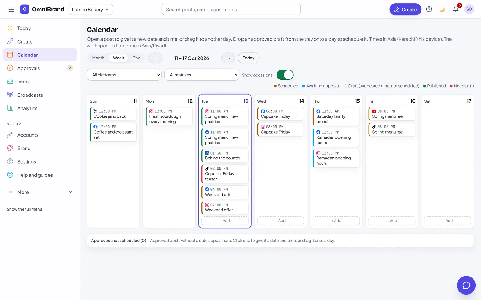 The OmniBrand calendar in week view: a bakery's scheduled and published posts on each day, each with its platform and time.