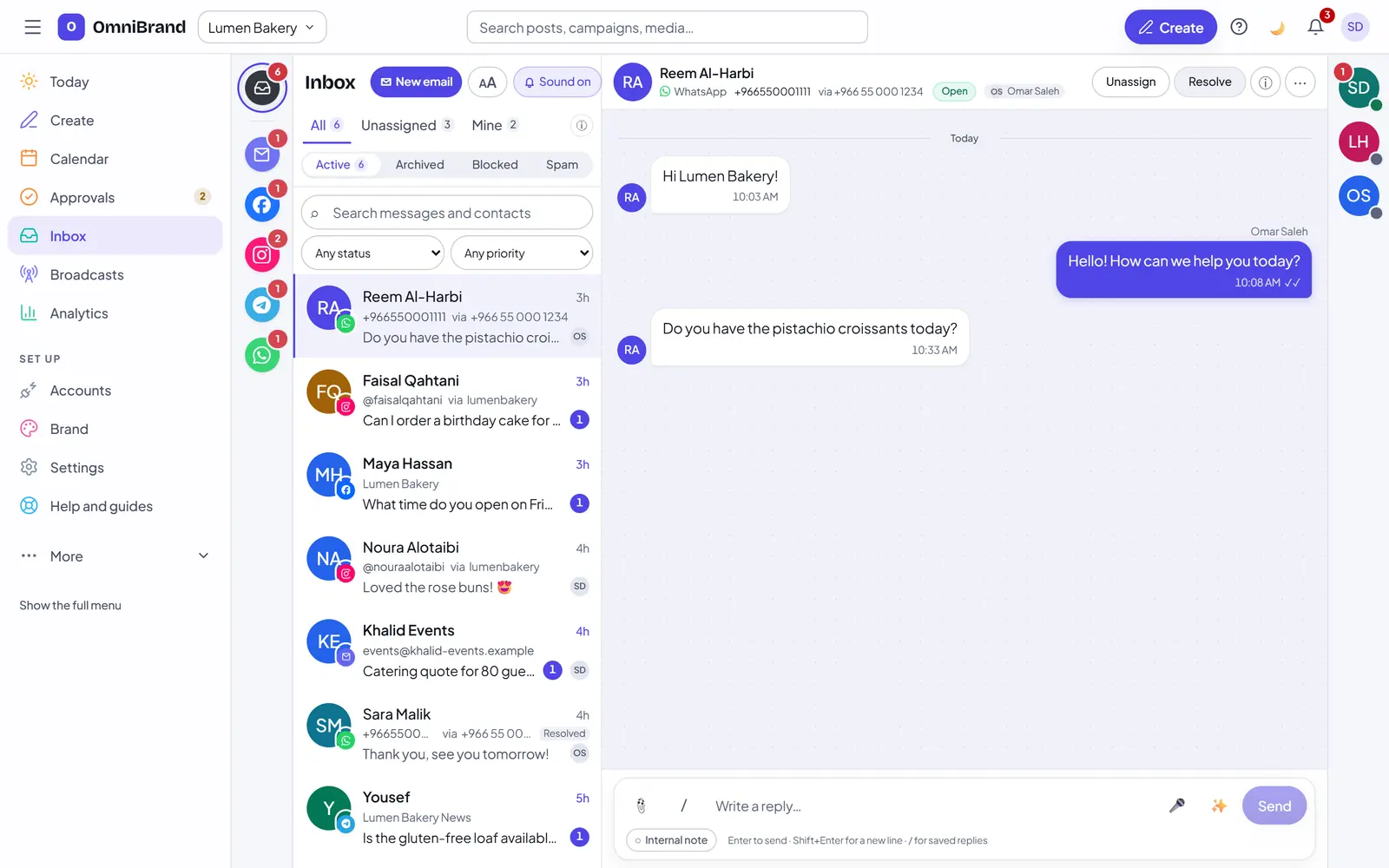 The OmniBrand inbox: WhatsApp, Instagram, Facebook, Telegram and email conversations in one list, with a customer's WhatsApp question about pistachio croissants open beside it.